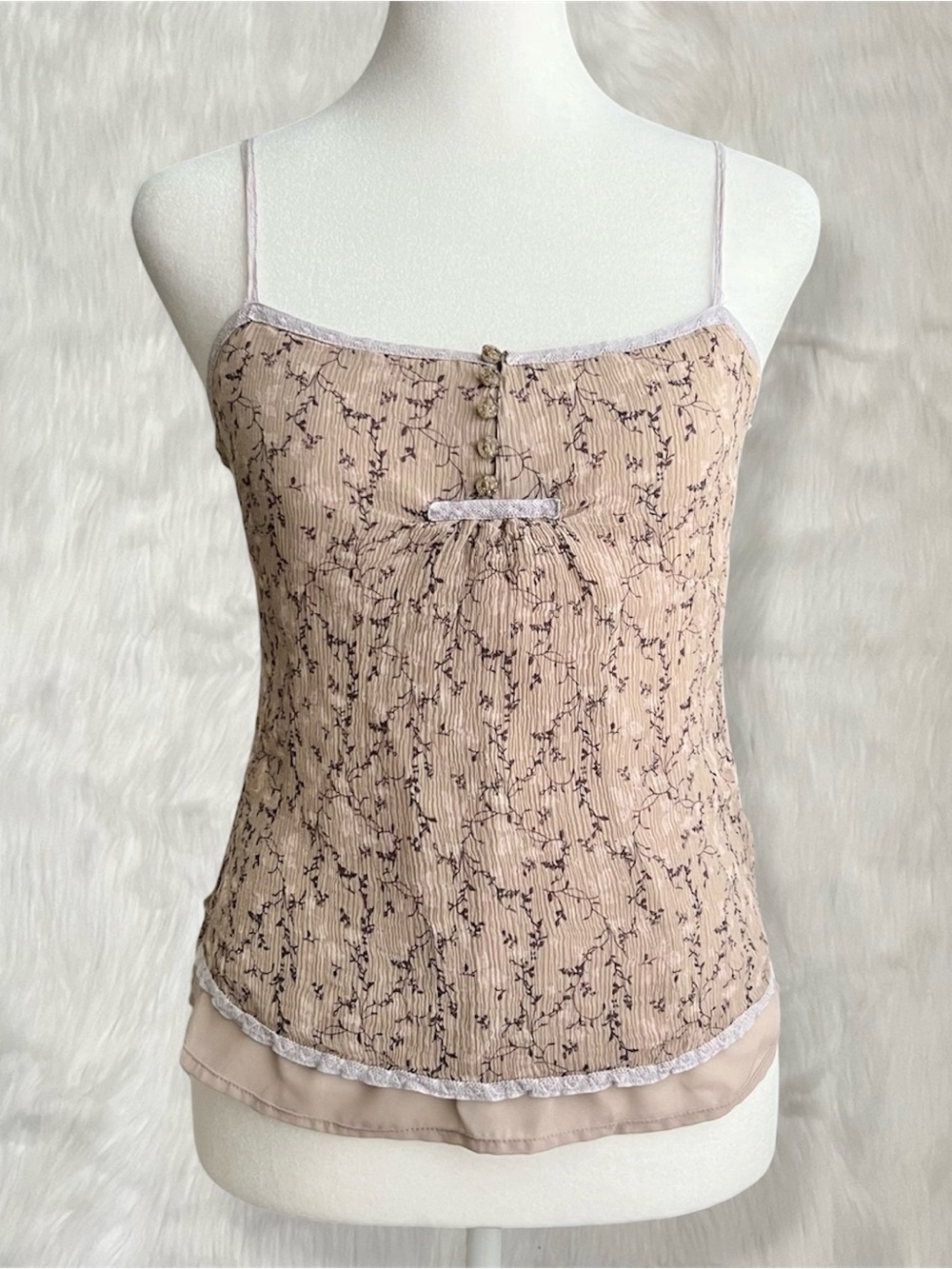 GAP Vintage Y2K Tan Floral Silk Mesh Cami Top With Lace Trim Detail